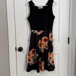 Black Midi Dress with Sunflower Print with pockets